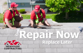 Two men working on a roof with the words repair now replace later